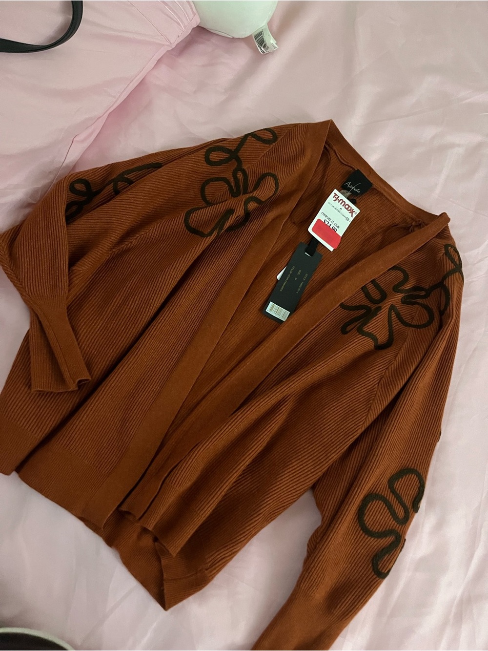 T.J.Maxx Rust Open-Front Knit Cardigan with Black Floral Accents